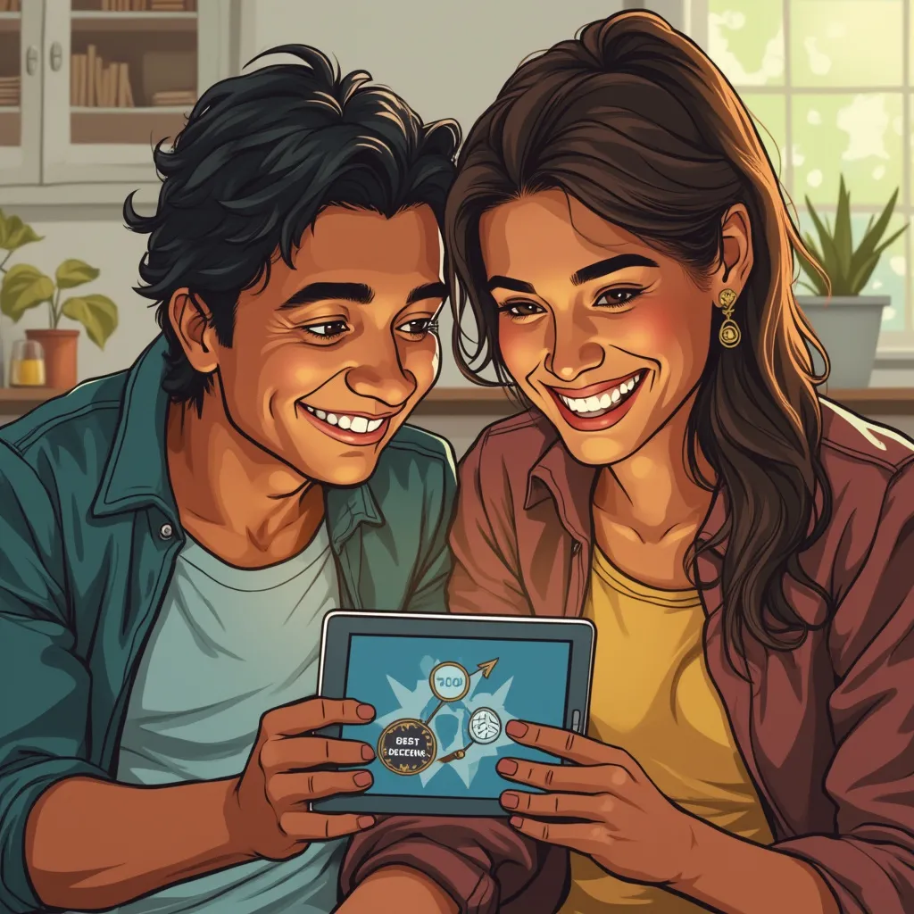 Pareja joven celebrando frente a un gráfico de deudas decreciente